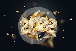 Gold numbers 2022 from Gold foil balloons. Happy New Year. Modern design on a dark background. Design template, header for the