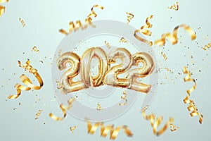 Gold numbers 2022 from Gold foil balloons. Happy New Year. Modern design on a light background. Design template, header for the