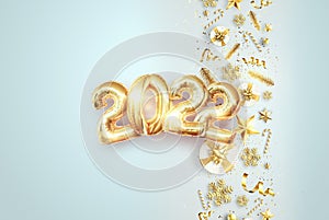 Gold numbers 2022 from Gold foil balloons. Happy New Year. Modern design on a light background. Design template, header for the