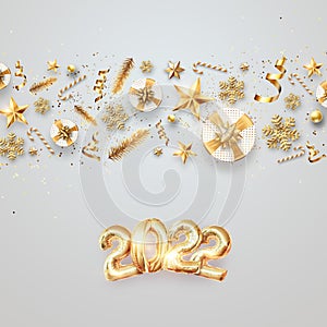 Gold numbers 2022 from Gold foil balloons. Happy New Year. Modern design on a light background. Design template, header for the