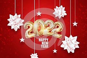 Gold numbers 2022 from Gold foil balloons. Happy New Year. Modern design on a red background. Design template, header for the site