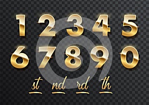 Gold numbers with endings made of golden ribbons isolated on transparent background. Vector decorative design elements