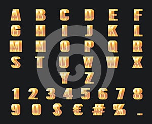 Gold numbers letters 3d alphabet golden metal decoration element symbol set design vector illustration