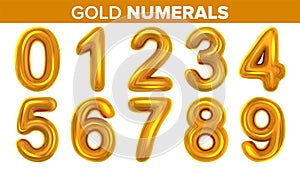 Gold Numerals Set Vector. Golden Yellow Metal Letter. Number 0 1 2 3 4 5 6 7 8 9. Alphabet Font. Typography Design