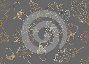 Gold oak leaves with acorn seamless vector background. Golden line abstract fall leaf shapes on dark background.