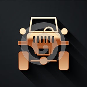 Gold Off road car icon isolated on black background. Jeep sign. Long shadow style. Vector