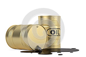 Gold oil barrels isolated on white background. 3D rendering. 3D illustration
