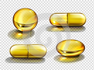 Gold oil capsules, vitamine round and oval pills