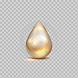 Gold oil drop. Petrol golden droplet. 3D falling blob on transparent background. Shiny liquid cosmetic essence or yellow