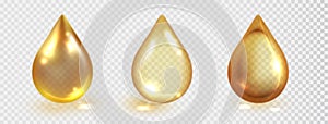 Gold oil drop set isolated on transparent background. Vector realistic yellow serum droplet of drug or collagen essence