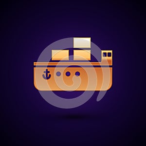 Gold Oil tanker ship icon isolated on black background. Vector Illustration