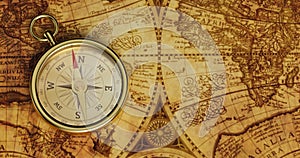 Gold old compass on vintage map. 3D illustration