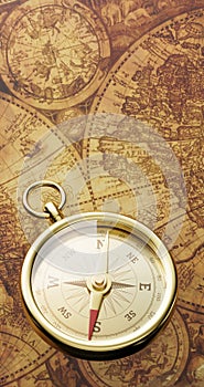 Gold old compass on vintage map. 3D illustration