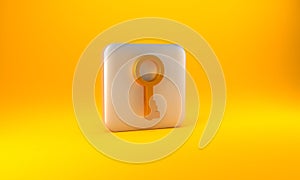 Gold Old key icon isolated on yellow background. Silver square button. 3D render illustration