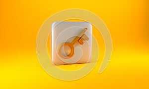Gold Old key icon isolated on yellow background. Silver square button. 3D render illustration