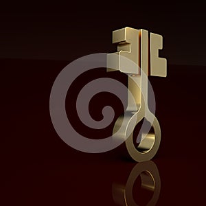 Gold Old magic key icon isolated on brown background. Minimalism concept. 3D render illustration