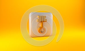 Gold Old magic key icon isolated on yellow background. Silver square button. 3D render illustration