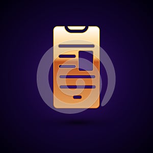 Gold Online book on mobile icon isolated on black background. Internet education concept, e-learning resources. Vector