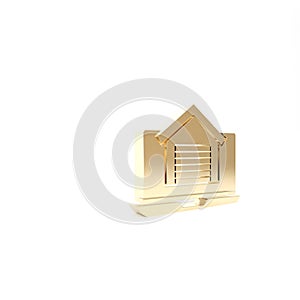 Gold Online real estate house on laptop icon isolated on white background. Home loan concept, rent, buy, buying a