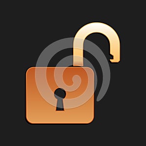 Gold Open padlock icon isolated on black background. Opened lock sign. Cyber security concept. Digital data protection