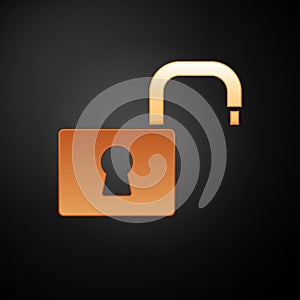 Gold Open padlock icon isolated on black background. Opened lock sign. Cyber security concept. Digital data protection