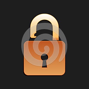 Gold Open padlock icon isolated on black background. Opened lock sign. Cyber security concept. Digital data protection