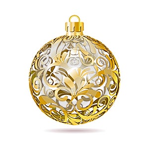 Gold Openwork Christmas ball on white background.