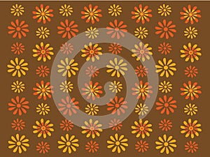 Gold and orange retro flowers on brown background