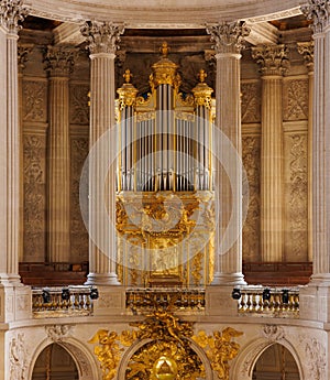 Gold organ inside the Royal Chapel of Versailles at Versailles Palace, Ile-De-France, France.