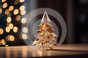 a gold origami christmas tree sits on a table