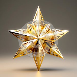 a gold origami star with a pattern on it\'s side and a light reflection on the floor