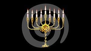 gold ornamental hanukkah menora flaming isolated. creative object 3D illustration