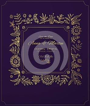 Gold ornate frame for invitations or announcements. Hand draw flowers