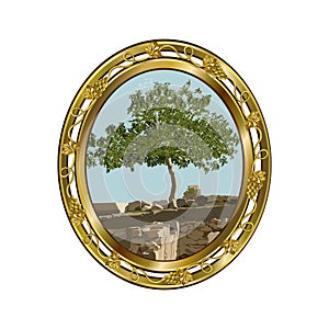 Gold oval frame with the image of a lonely fig