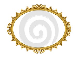 Gold oval frame. Realistic isolated element. Museum picture or photo border. Mirror decoration. Luxury decorative corner