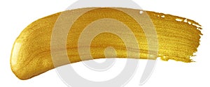Gold paint brush smear stroke. Acrylic golden color stain on white background. Abstract gold glittering textured glossy illustrati