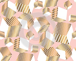 Gold and pale rose cubes in dynamic chaos. photo