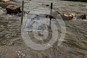 Gold panning in the river with a sluice box