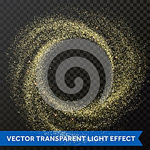 Gold particle swirl circle effect. Vector golden glitter star shine twirl trace