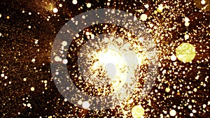 Gold particles explosion abstract background with shining golden particle stars dust.Beautiful futuristic glittering in space on b