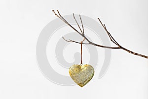Gold patterned metal heart on a string hanging on a bare winter tree branch against a white background for valentine`s day