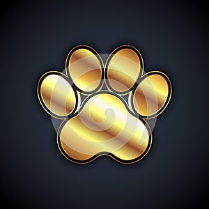 Gold Paw print icon isolated on black background. Dog or cat paw print. Animal track. Vector