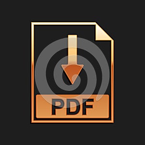 Gold PDF file document icon isolated on black background. Download PDF button sign. Long shadow style. Vector