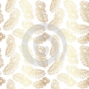 Gold Peacock Feather Seamless Pattern on White Background