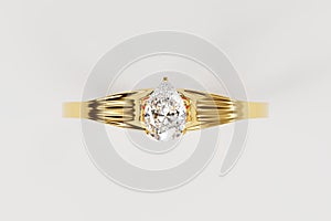 Gold pear diamond ring focusing on top view isolated on green background 3d rendering