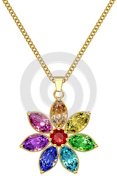 Gold pendant with colorful gemstones on chain isolated on white background