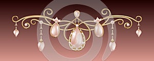 Gold pendant with pink diadem with pearls Festive jewelery with diamonds photo