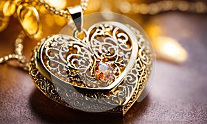 gold pendant in the shape of a heart. Selective focus.