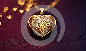 gold pendant in the shape of a heart. Selective focus.