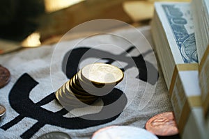 Gold Pennies Close Up With Stacks Of Hundreds High Quality